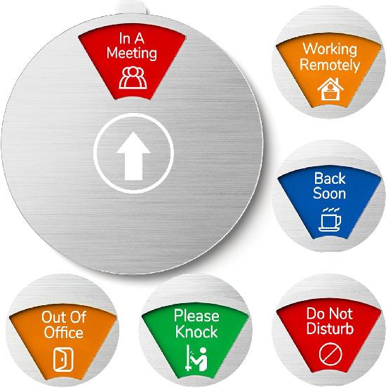 Door Sign 6 Options-Do Not Disturb,Out Of Office,In A Meeting,Please Knock,Back Soon,Working Remotely,Privacy Office Sign for Door 6 Inch, Brushed