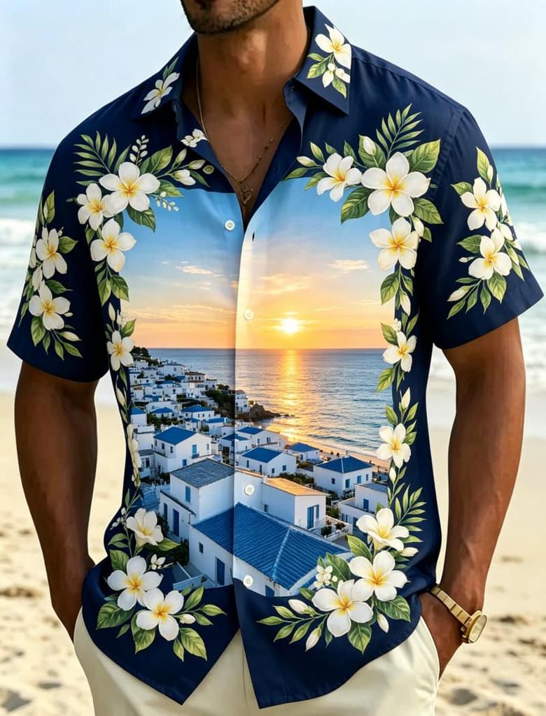 Men's Tropical Flower Framed Landscape Print Hawaiian Shirt, Breathable Casual Top For Summer Vacation And Daily Wear