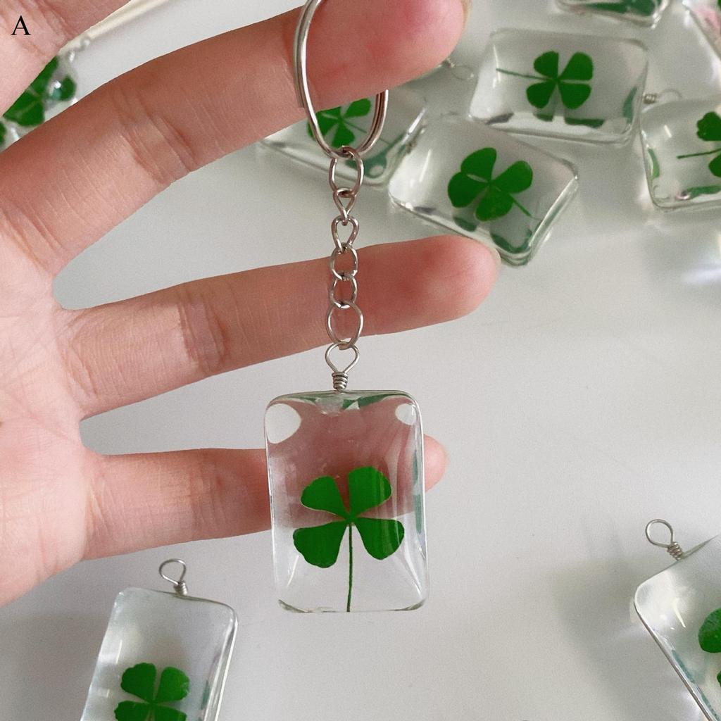 1 Pc Natural Clover Pendant Cross Border Lucky Star Dried Flower Bag Keychain Green Glass Pendant Pendant