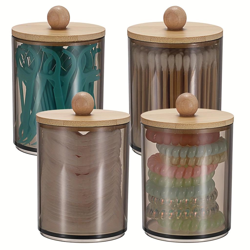 4 Packs Holder Dispenser With Bamboo Lid - 10-Ounce Bathroom Storage Containers for Cotton Balls Cotton Swab Bath Salts Vanity C