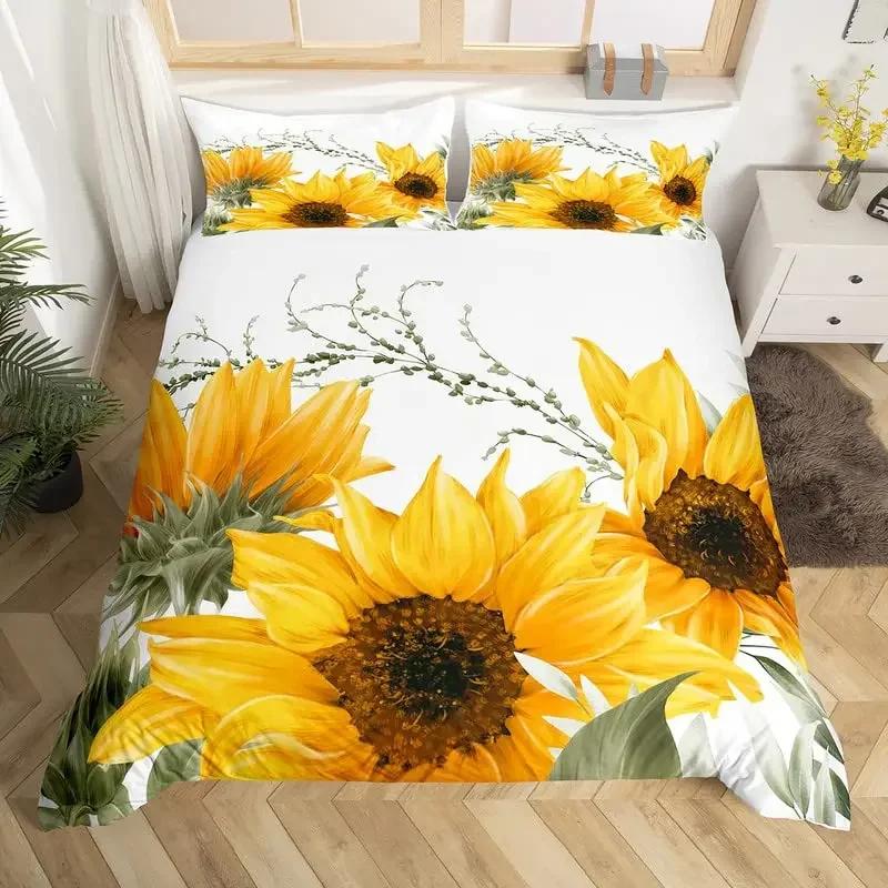 Sunflower Duvet Cover Set Yellow Flower Bedding Set Sunflower Botanical Floral Garden Bloom Print on Black Polyester Quilt Cover