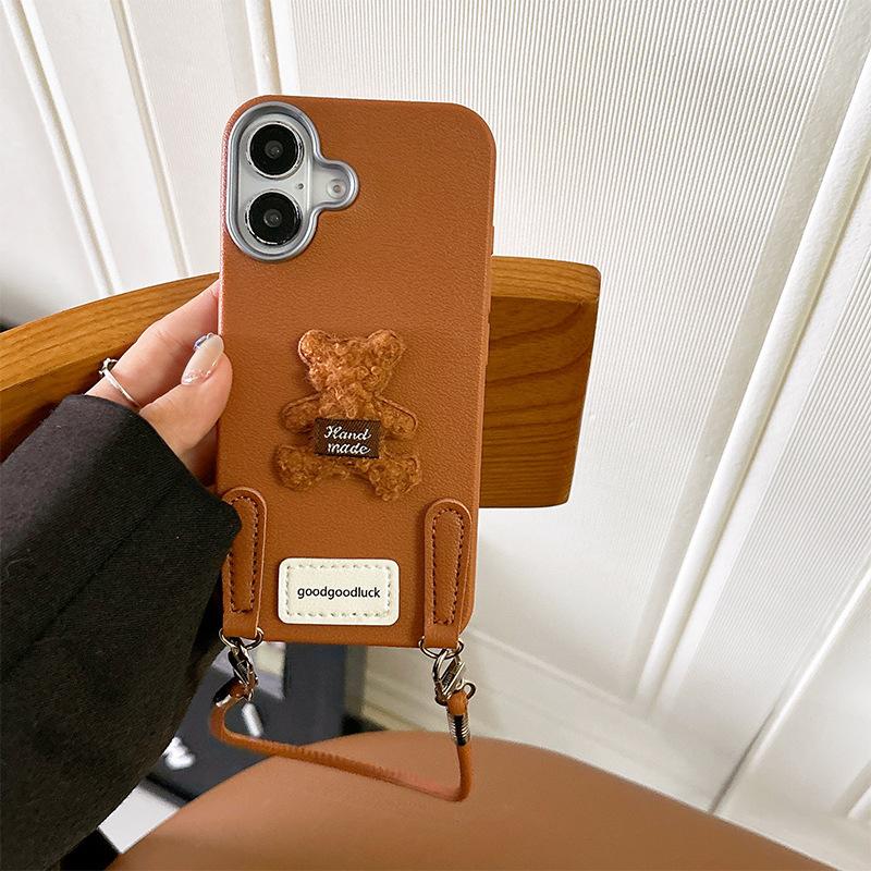 Plush Bear Goodluck Mobile Phone Case Is Suitable For Apple 16Promax Silicone Tpu Imitation Leather Iphone15 Rope.