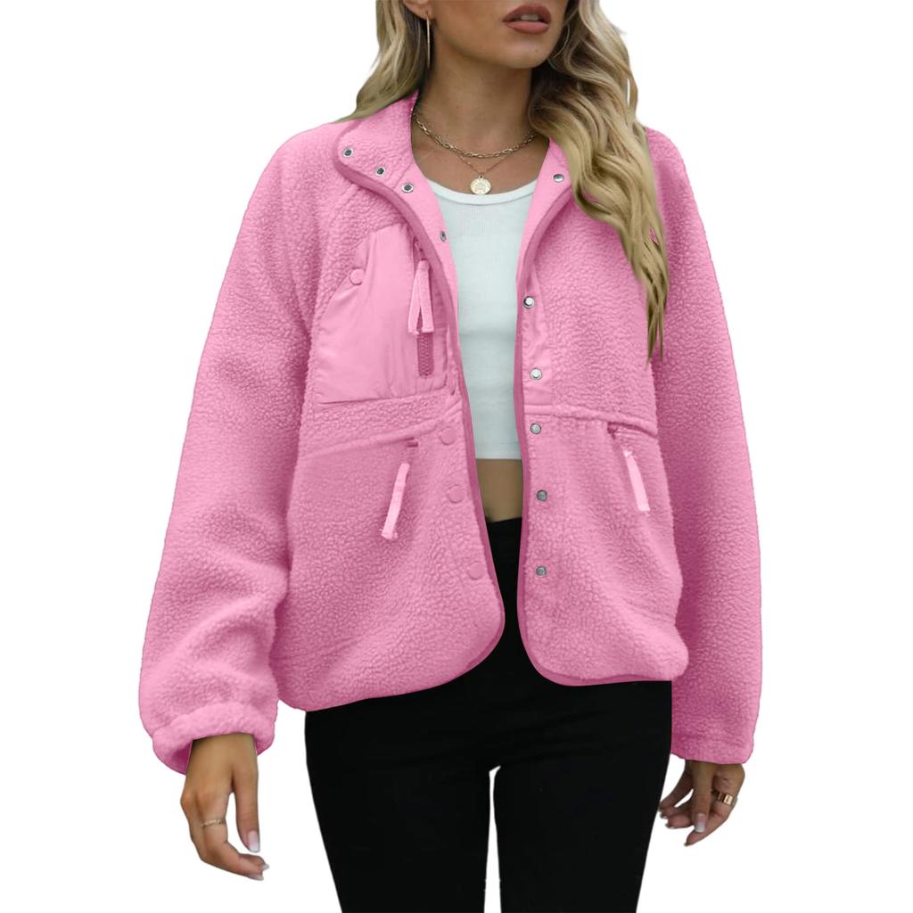 Women's Fashion Casual Stacked Lapel Single Button Fleece Sports Sweatshirt Jacket Outerwear