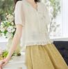 New Chinese style buckle V-neck embroidered pearl fabric hem with ruffle edge for age reducing, lightweight and breathable short sleeved shirt