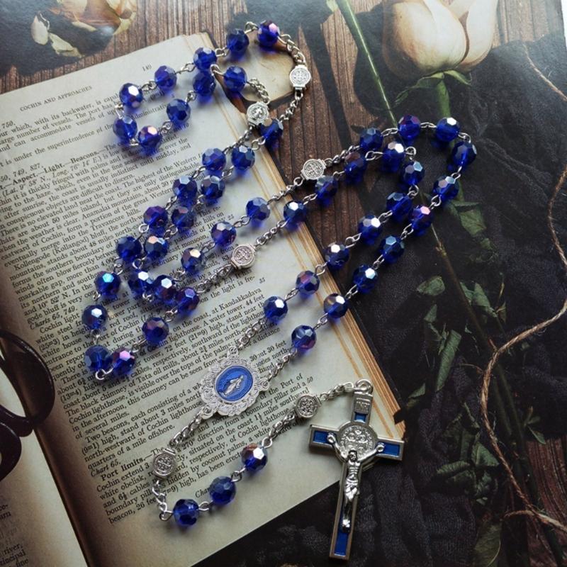 10mm Acrylic Bead Rosary Necklace Vintage Weave Catholic Religious Cross Jesus Pendant Necklaces for Men Women Jewelry Charm