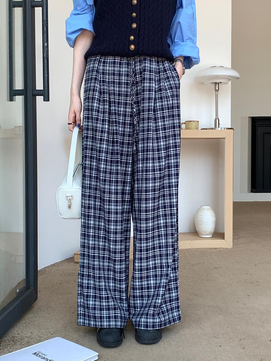 Vision Clothing Korean-Style High-Waisted Plaid Casual Wide-Leg Pants for Women, Spring 2026 Collection. Small