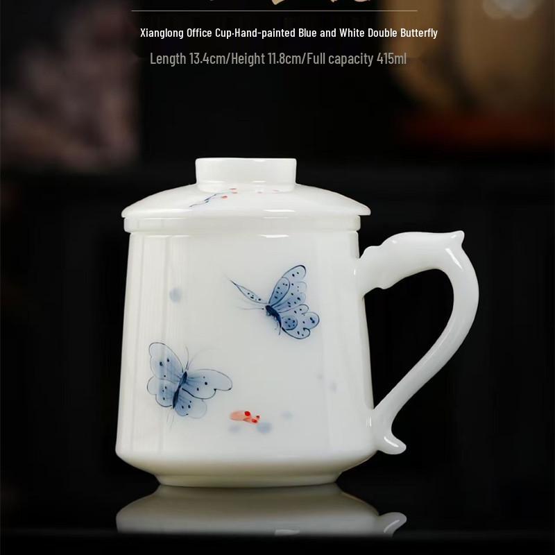 Large Hand-Painted Jade Porcelain Cup with Lid and Handle for Tea Brewing