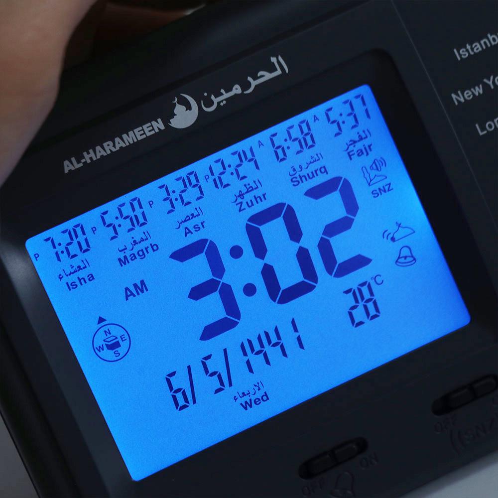 Multi-purpose Muslim Table Clock Hijir Calendar with Adhan Alarm Automatic Digital Clock with Qiblah Direction Temp Display