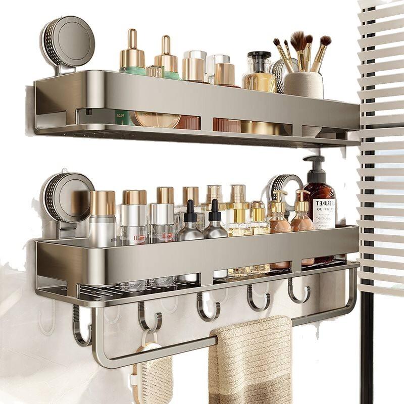 Modern Minimalist Suction Cup Bathroom Shelf With Hooks For Home Organization