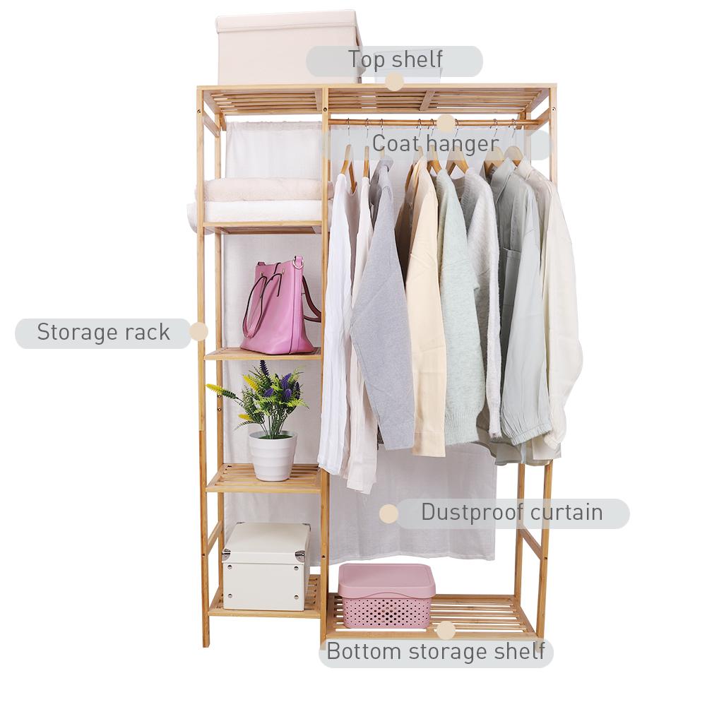 Kleiderständer aus Bambusholz mit Regalen, Kleiderständer zum Aufhängen für Kinder, Kinder und Erwachsene, Stoff, Schuh- und Mantelaufbewahrung, Organisation