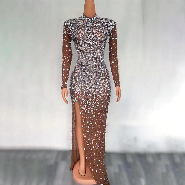 

Вечернее платье Novans Brown & White Diamond с разрезом сбоку и длинными рукавами Small темно-коричневого