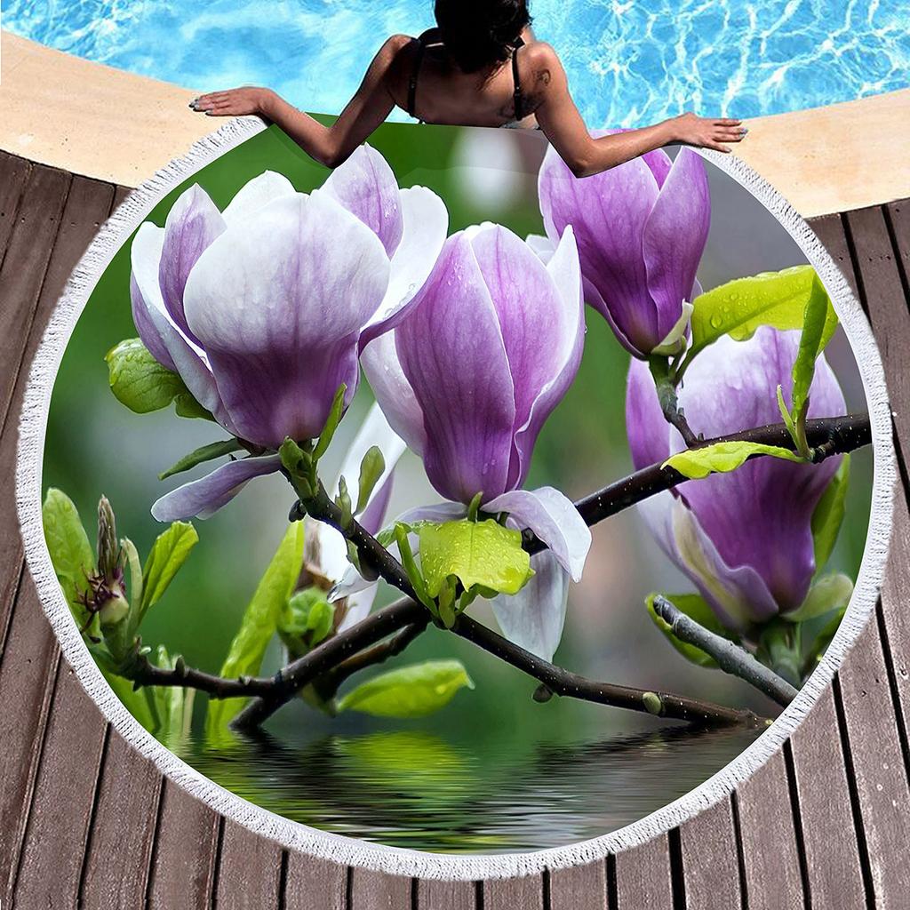 Elegant Magnolia Flower Round Beach Towel,Polyester Sand Resistant Shawl Beach Blanket,Absorbent Quick Dry Pool Towel Picnic Mat