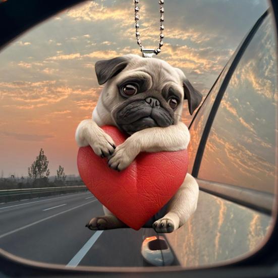 Acrylic Heart Dog Car Hanging Ornament Cute Puppy Pendant with Red Heart Car Rearview Mirror Decoration with Adjustable Strap