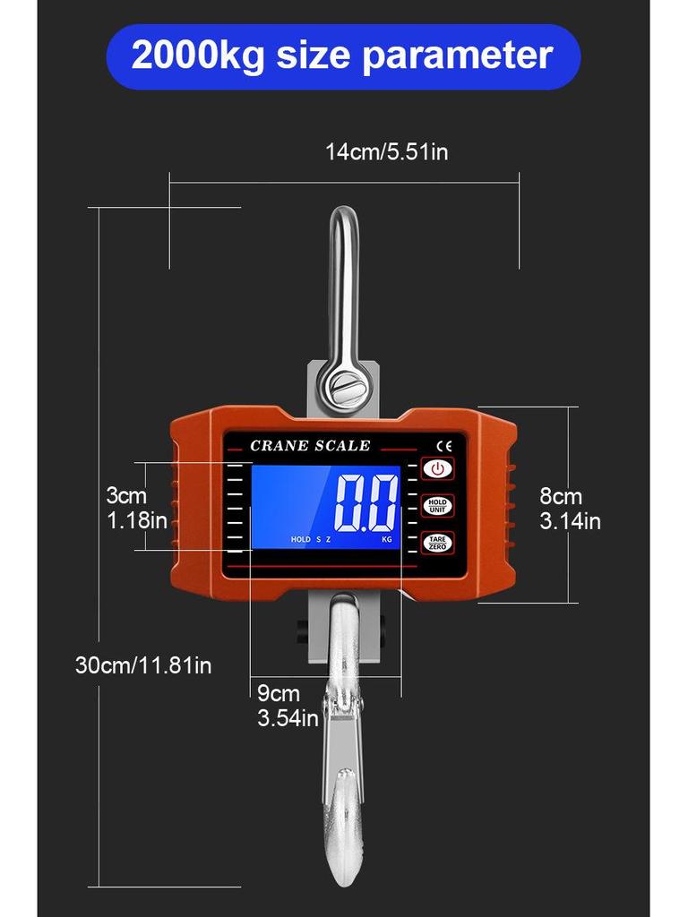 1000kg/1.5t/2t Electronic Hanging Crane Scale - Handheld Tension Hook Meter