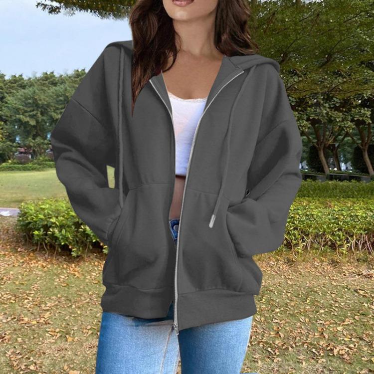 Women's Casual Solid Color Long Sleeve Zippered Hooded Sweatshirt Fashion Top