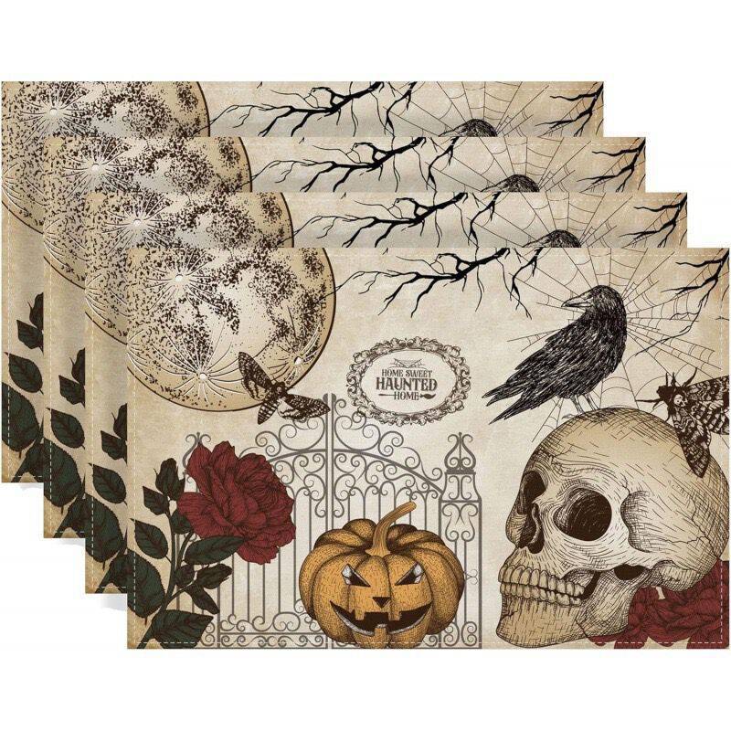 4PCS Halloween Table Placemats 30*45cm Linen Ghost Festival Atmosphere Table Mat Bat Pumpkin Spider Web Dining Table Decorations