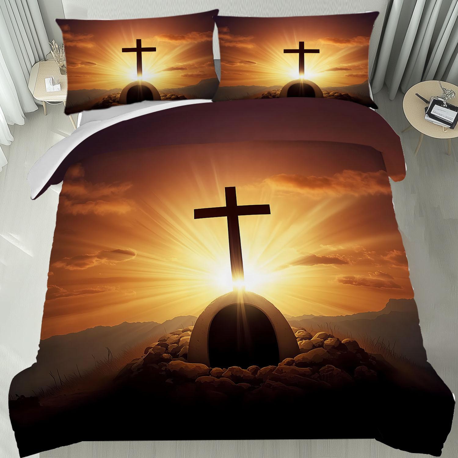 

Latacaca 3pcs Christian Cross Duvet Cover Set 1 Duvet Cover + 2 Pillowcases Featuring A Beautiful Sunrise Over The Cross EU Twin(135x200cm)