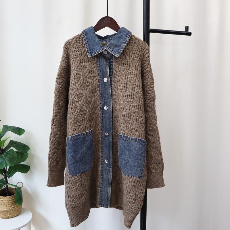 Coarse needle sweater lazy wind women's autumn and winter new loose splicing denim knitted cardigan long coat