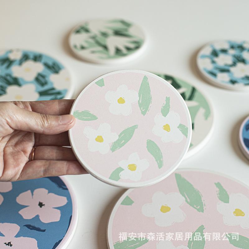 Insulation Mat, Tea Coaster, Round Flower Pattern, Creative Personalized Bowl Kettle Mat, Diatomaceous Earth Absorbent Coaster