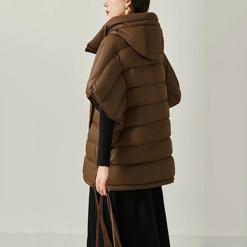 Schinteon Women Down Irregular Vest with Hood Sleeveless Jacket Solid Fashionable Autumn Winter