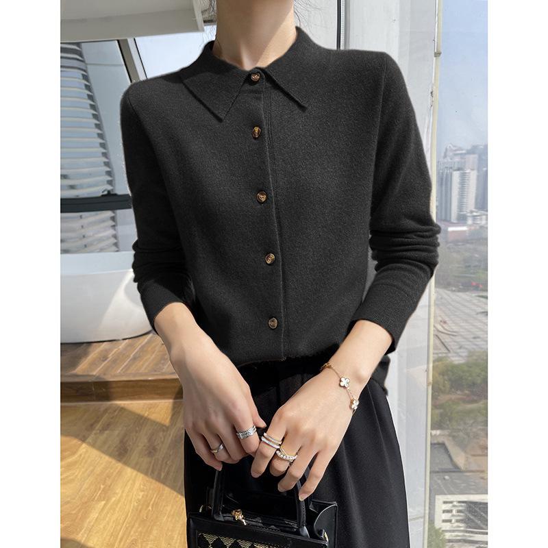 Pure Wool Women's Polo Collar Knit Cardigan – Autumn/Winter, Solid Color, Skin-Friendly, Single-Breasted Outerwear.