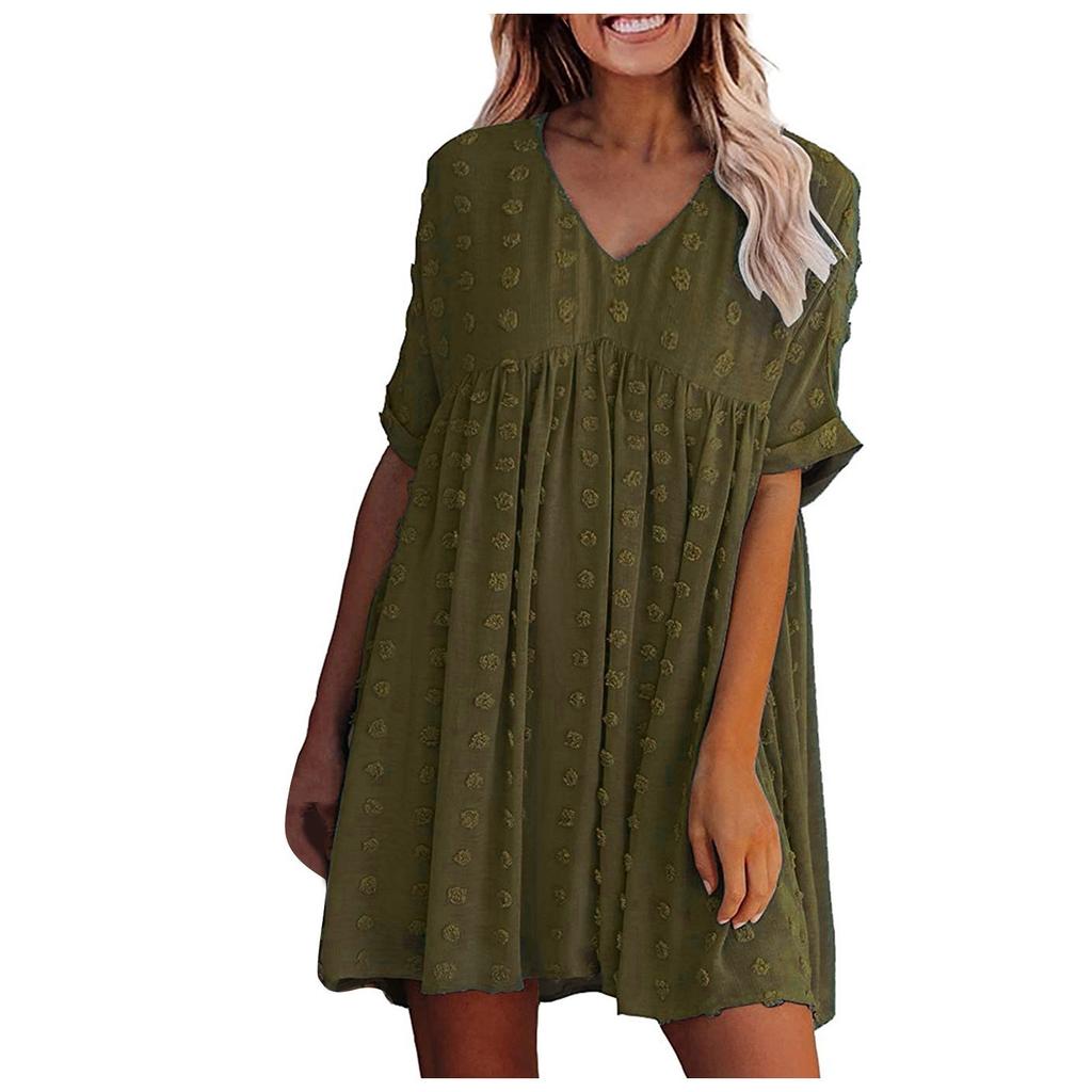 Women's Casual Fashion Short Sleeve V Neck Chiffon Color Loose Dress