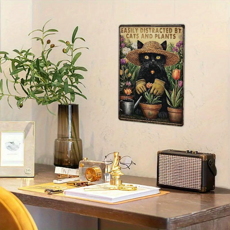Cat and Plant Garden Metal Sign Charming Retro Cat Decor for Home Farm Cottage Kitchen and Garden Wall Art