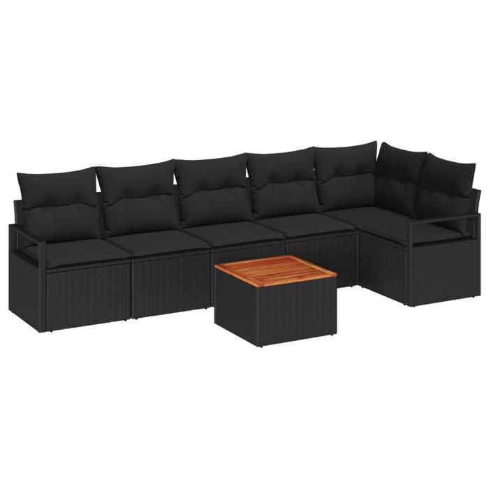 Ensemble de Canapés de Jardin 7 pièces avec Coussins Noir Rattan Poly Acacia, Canapé de Jardin 2 places avec Coussins Noir 3347716