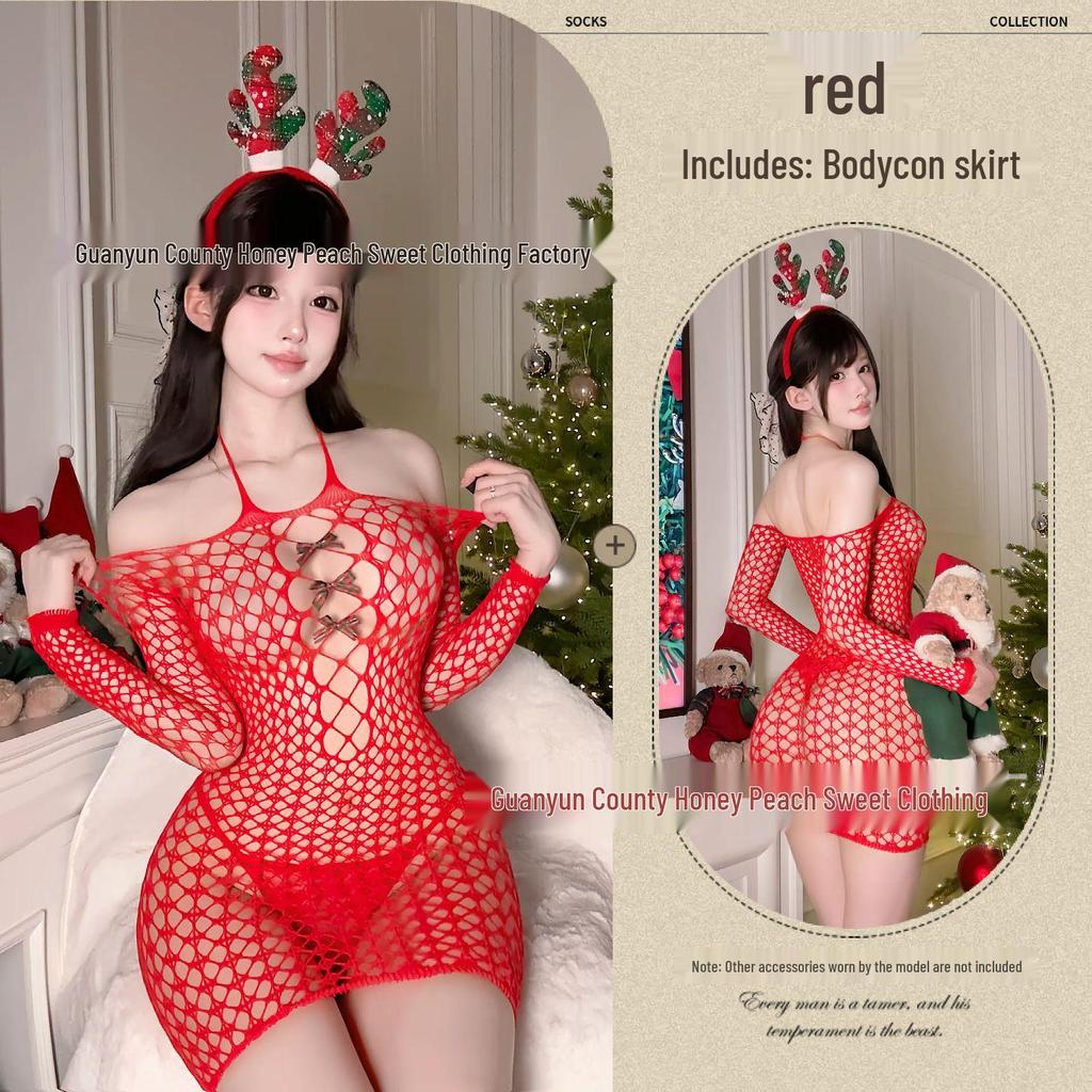Sexy Christmas Lingerie: Long Sleeve Halter Neck Mesh Dress with Reindeer Antlers for Role Play