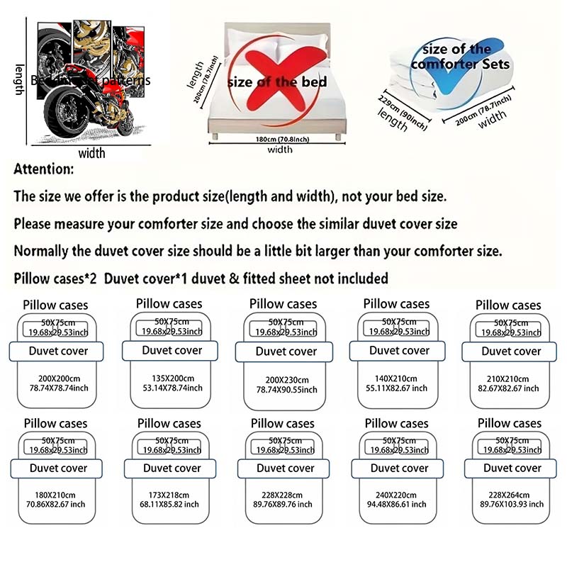 Rotes Sportmotorrad mit mechanischen Details Bettwäsche-Set für Kinder Luxuriöses Geschenk 3-teiliges Digitaldruck-Bettdecken-Set Weich Atmungsaktiv