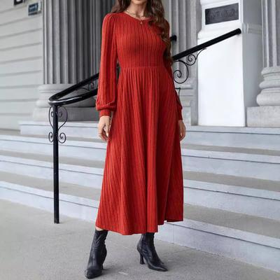 Wintermode Strick Elegantes Kleid Damen Silm Lange Kleider Vollärmeliges O-Ausschnitt Kleid Normales Festliches Partyhemd