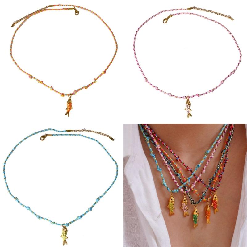 Everyday Wear Fish Charm Necklace Handwoven Colorful Rope Chain Adjustable Rope Jewelry Stainless Steel Pendant Necklace