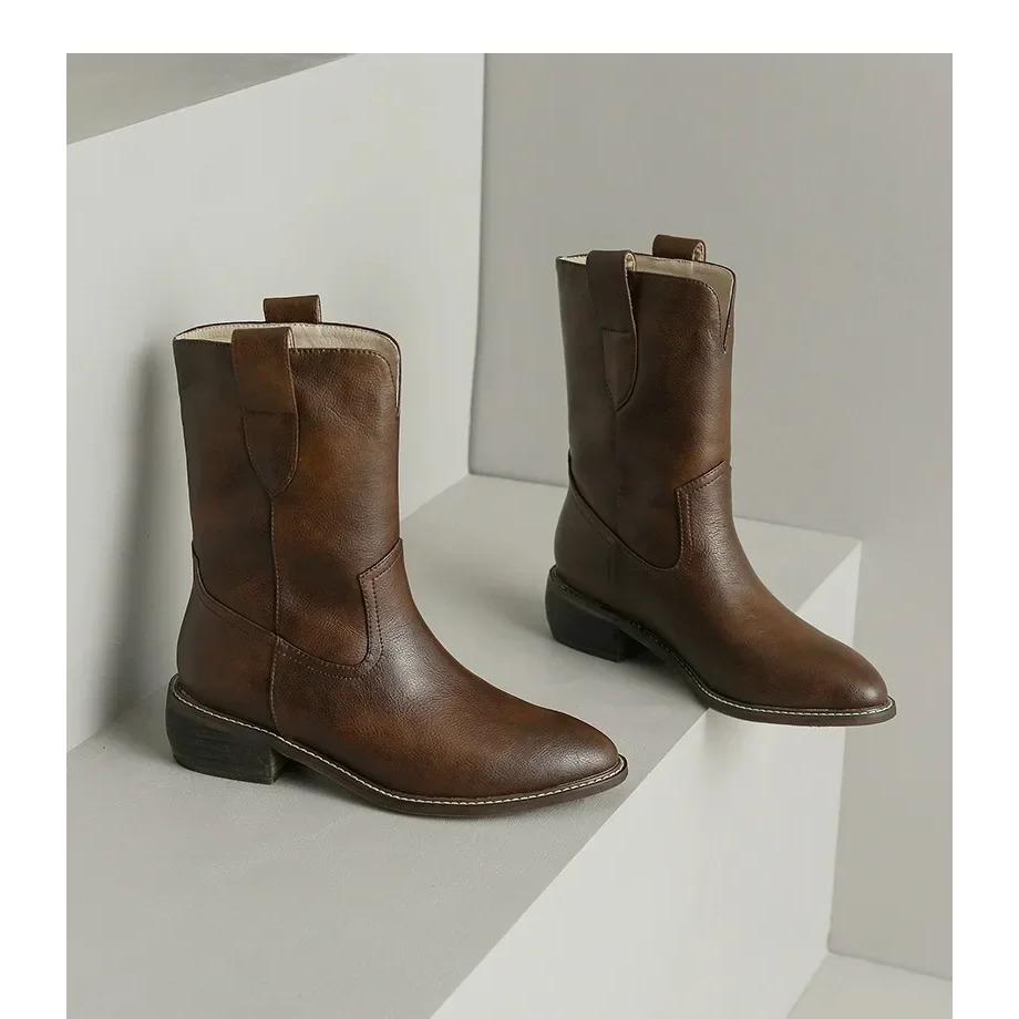 

Нові чоботи до середини ікри, жіночі осінні модні сліпони, чорні черевики з гострим носком і V-подібним вирізом, черевики Western Knight 39 коричневий