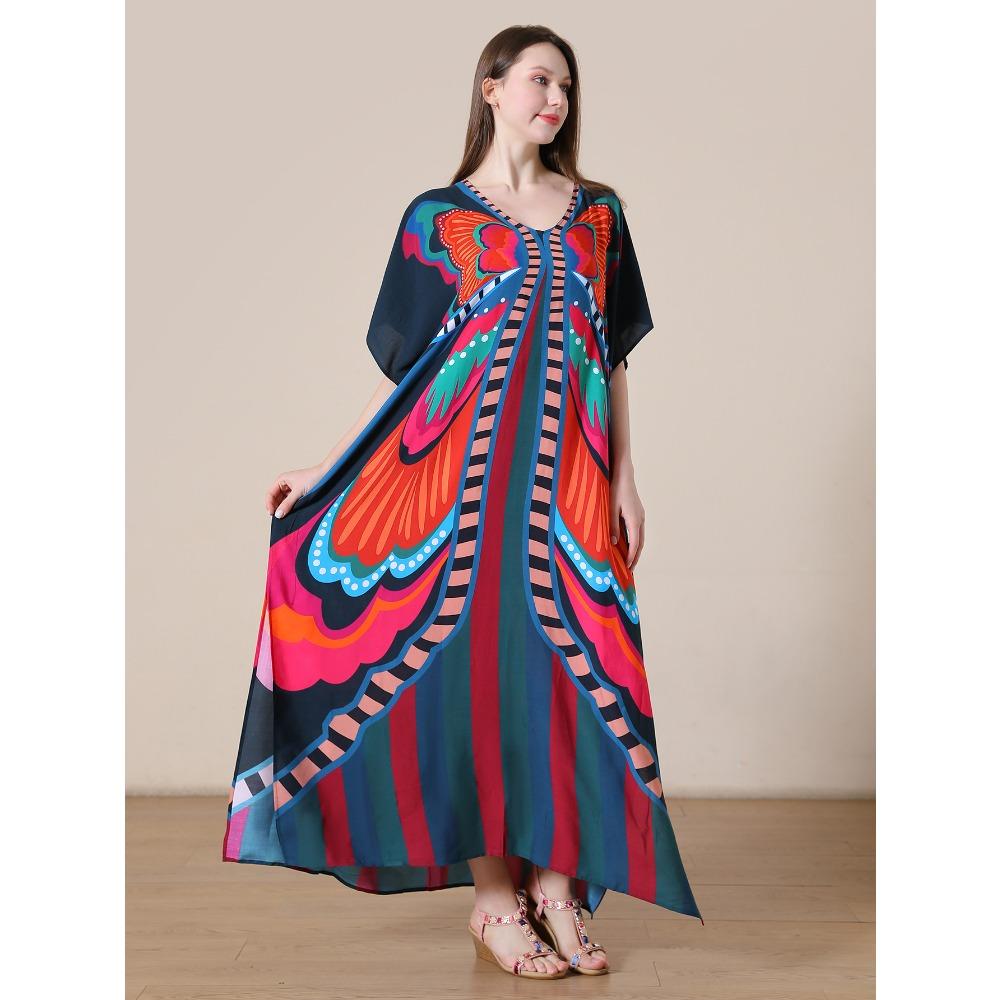 Plus Size Boho Kaftan Dress, Women's Plus Maxi Cover Up Dress