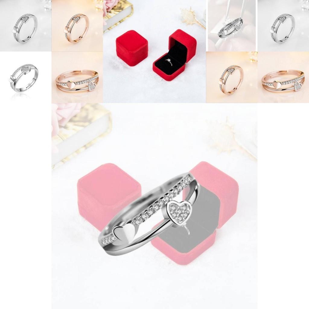 Three Jie Heart Shaped Diamond Inlaid Adjustable Opening Ring Couple Ring Silver Jewelry