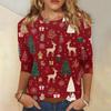 Edición Limitada de Navidad Camiseta de Mujer 3D Roja con Estampado de Árbol de Navidad Cuello Redondo Manga Larga Moda Casual Top de Manga Larga
