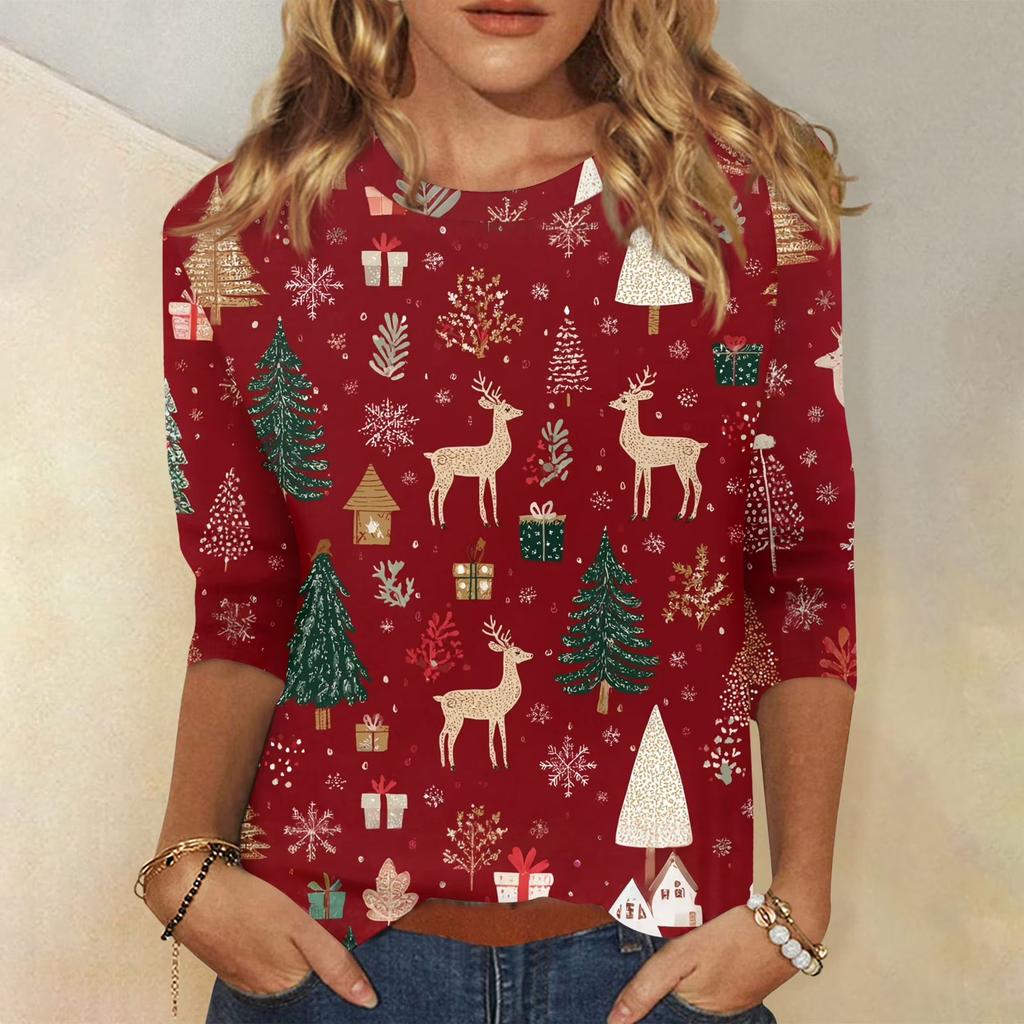 Edición Limitada de Navidad Camiseta de Mujer 3D Roja con Estampado de Árbol de Navidad Cuello Redondo Manga Larga Moda Casual Top de Manga Larga