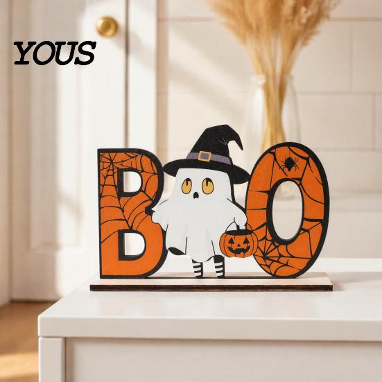 Hand Painted Halloween Decor Wooden Table Sign, Cute Pumpkin Boo Ghost Solid Wood Sign Tabletop Centerpiece for Indoor Mantel Fireplace Home Festive