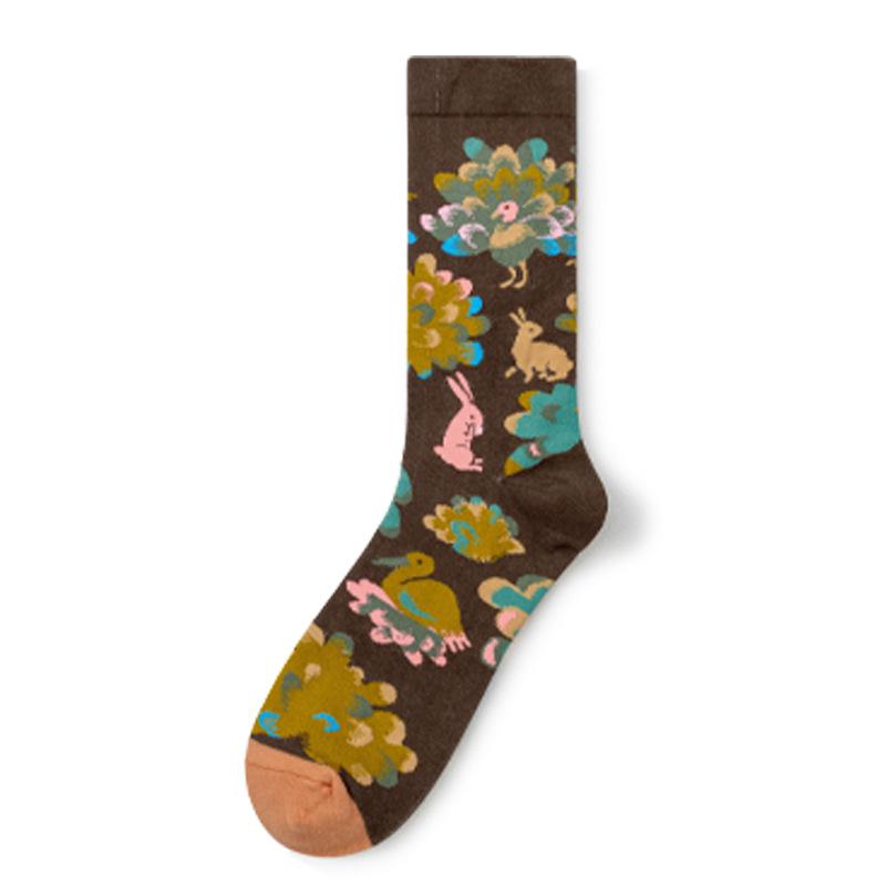 French Retro Abstract Oil Painting Mid-Calf Socks - Trendy Autumn/Winter High-Top Creative Combed Cotton for Women