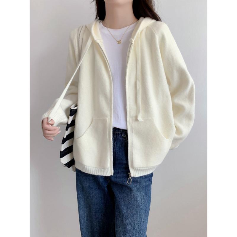 New Solid Color Lazy Wind Hooded Zipper Knitted Cardigan Casual Drawstring Sweater Thick Coat Women