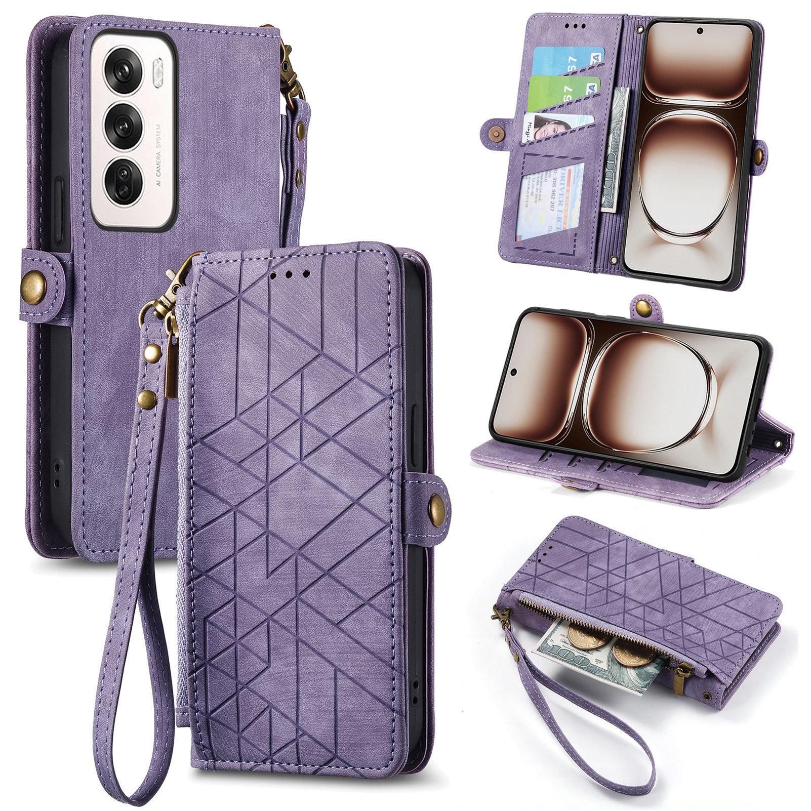 

Для Oppo Reno12 5G (Глобальний) Чохол-гаманець на блискавці Геометричні лінії Шкіряний чохол для телефону з ремінцем Light Purple