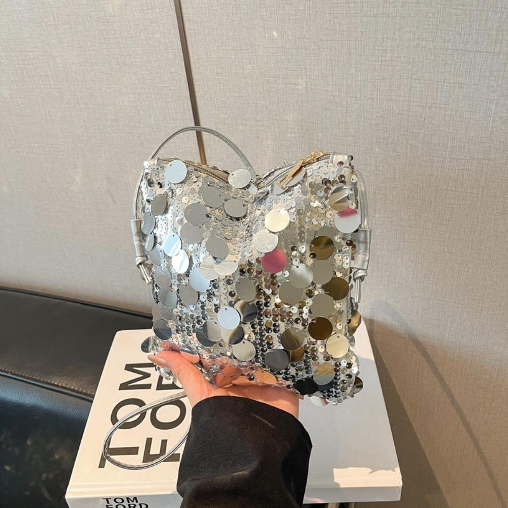 New Sequin Mini Crossbody Bag Women Shiny Glitter Evening Bag Small Shoulder Purse For Party Wedding серебряный