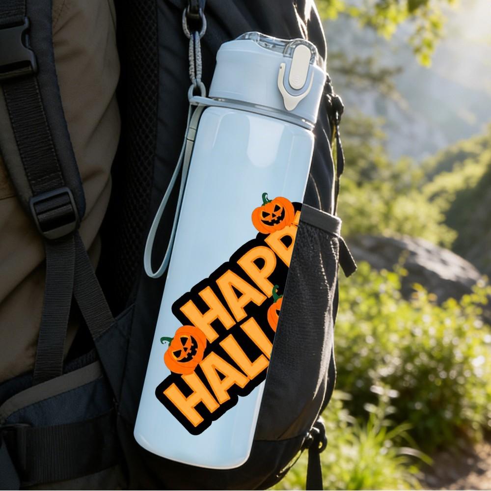 1PC Happy Halloween Text Art Pattern 750ml Color Plastic Sports Water Bottle Leakproof Flip Straw Lid Suitable for Sports Office Home Use