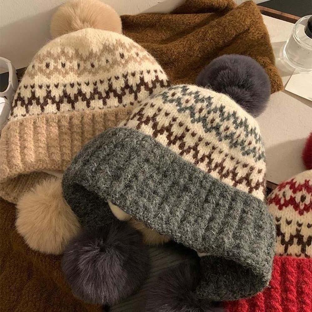 Cute Style Knit Beanie Hat Fleece Lined Winter Earflap Cap Jacquard Pullover Bonnet Students