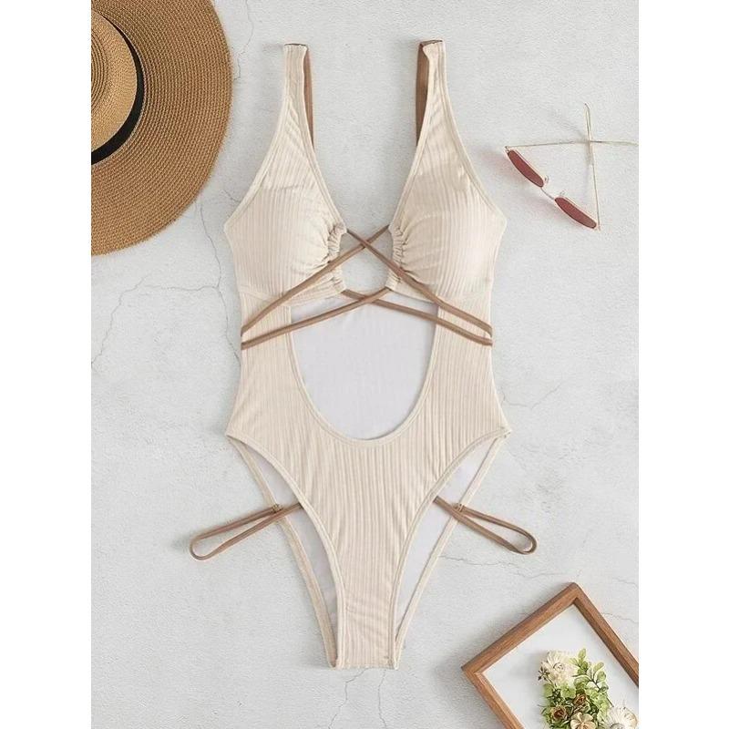 Jednoczęściowy Strój Kąpielowy Kąpielówki Damskie Jednolity Prążkowany Pusty Tył Skrzyżowane Ramiączka Odzież Plażowa Strój Kąpielowy Banadores Mujer