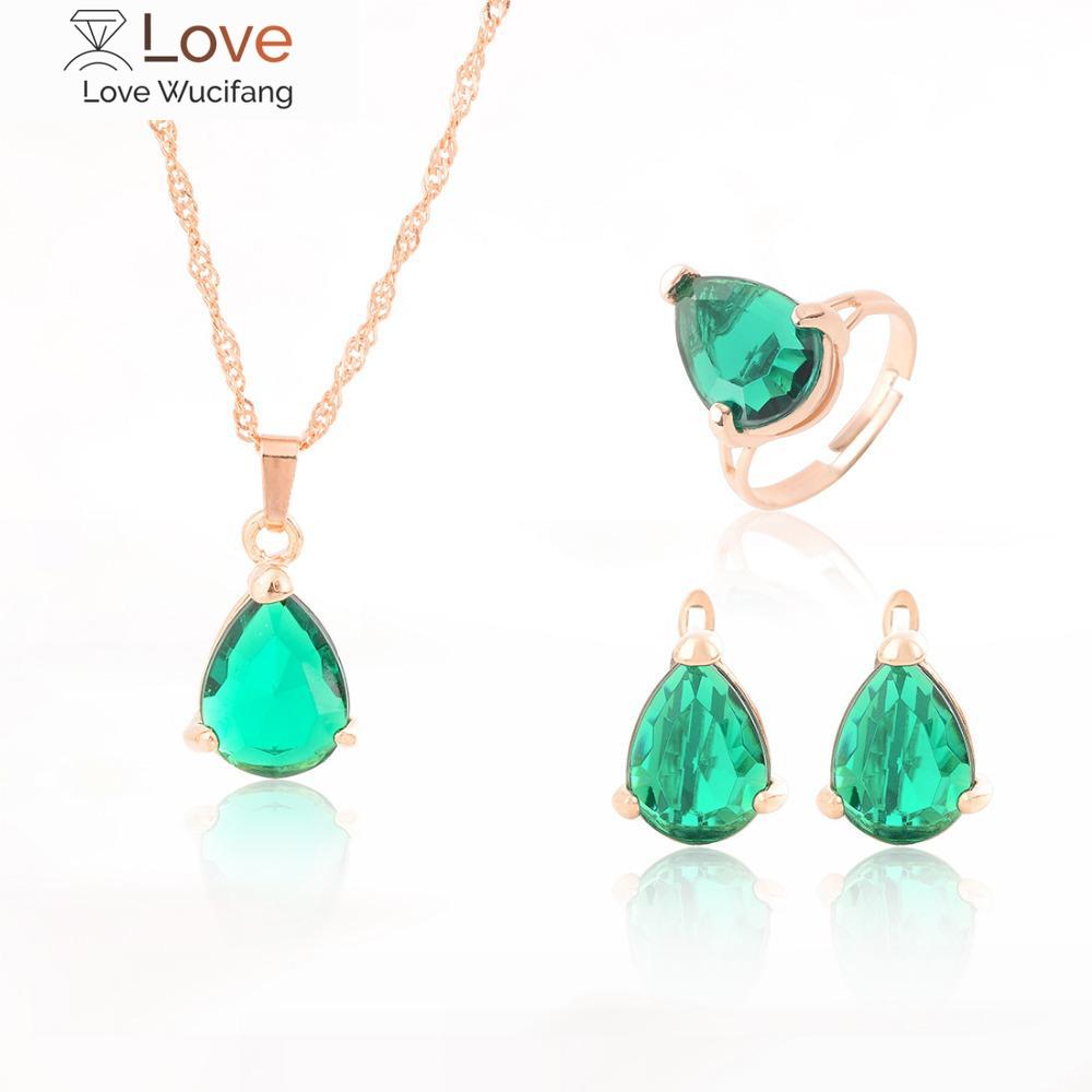 

Комплекты свадебных украшений с золотыми каплями воды, зеленые серьги-капли из циркония класса ААА + ожерелье с подвеской + кольцо, модные