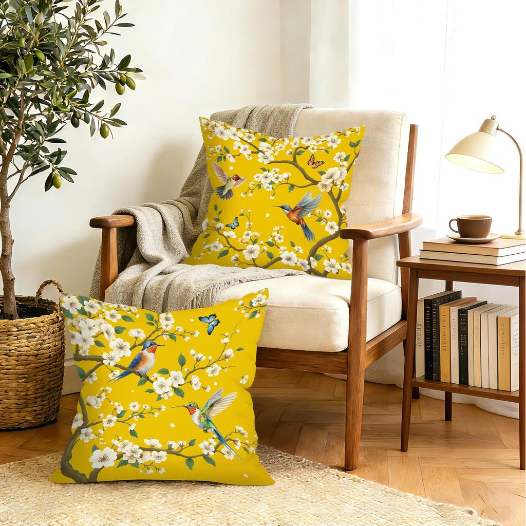 2 Pack Yellow Hummingbird Bird Pillow Covers Double Sided Print Floral Butterfly Cushion Cases Home Decor