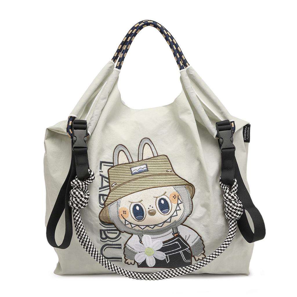 Summer new Japanese embroidered labubu cute shoulder crossbody bag tote bag nylon eco-friendly shopping bag women's bag KTY