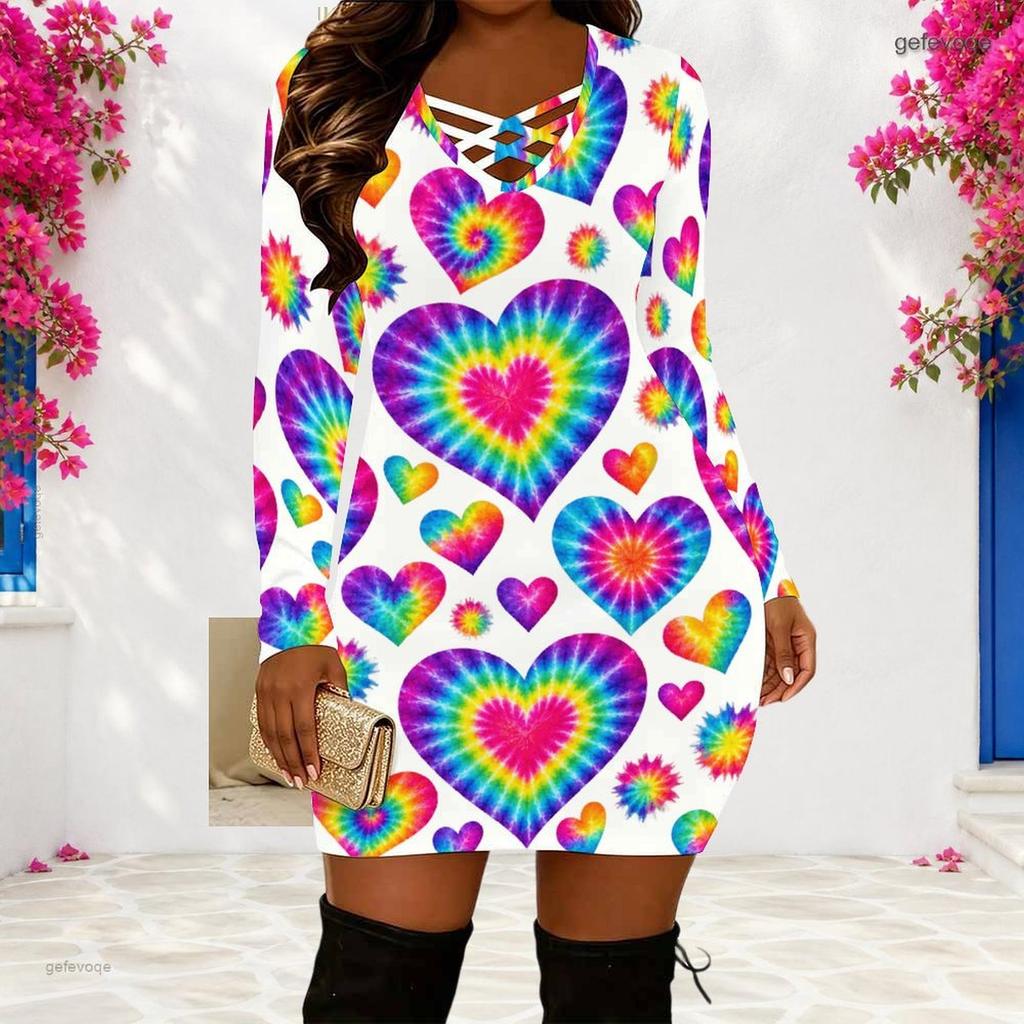 Women Plus Size Criss Cross V Neck Long Sleeve Playing Card Printed Bodycon Mini Dress