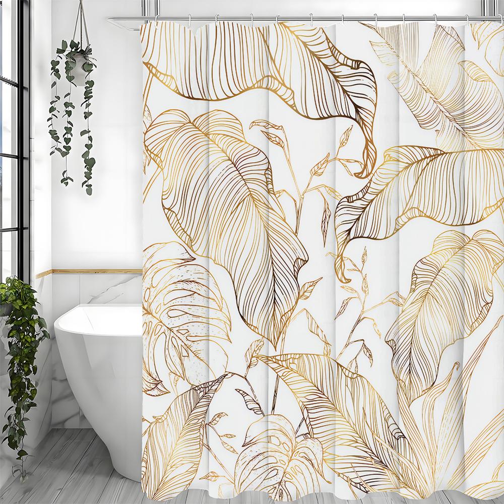 Dusjforheng med gyldent blad, Dekorativt dusjforheng til badet, Vanntett dusjforheng med kroker